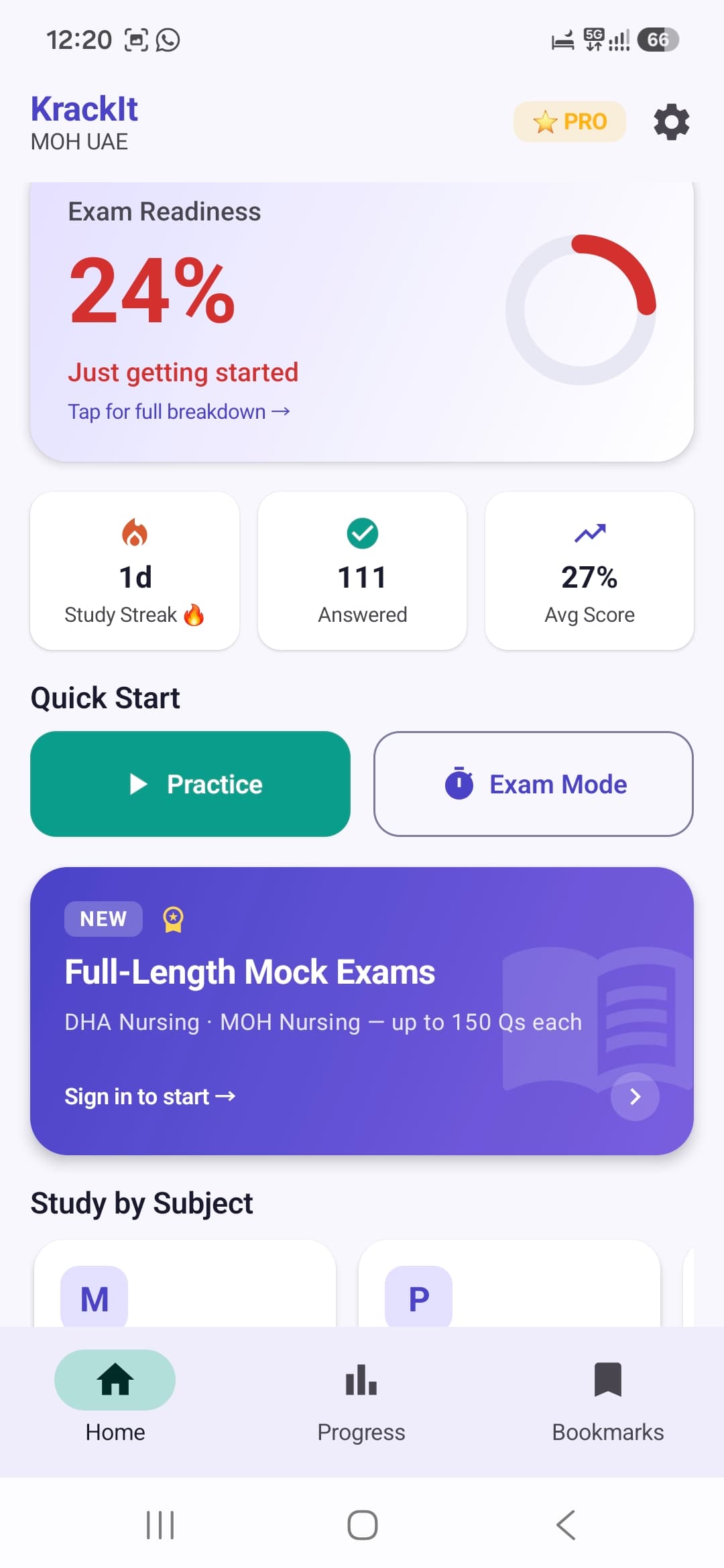 KrackIt MOH UAE app — exam readiness dashboard